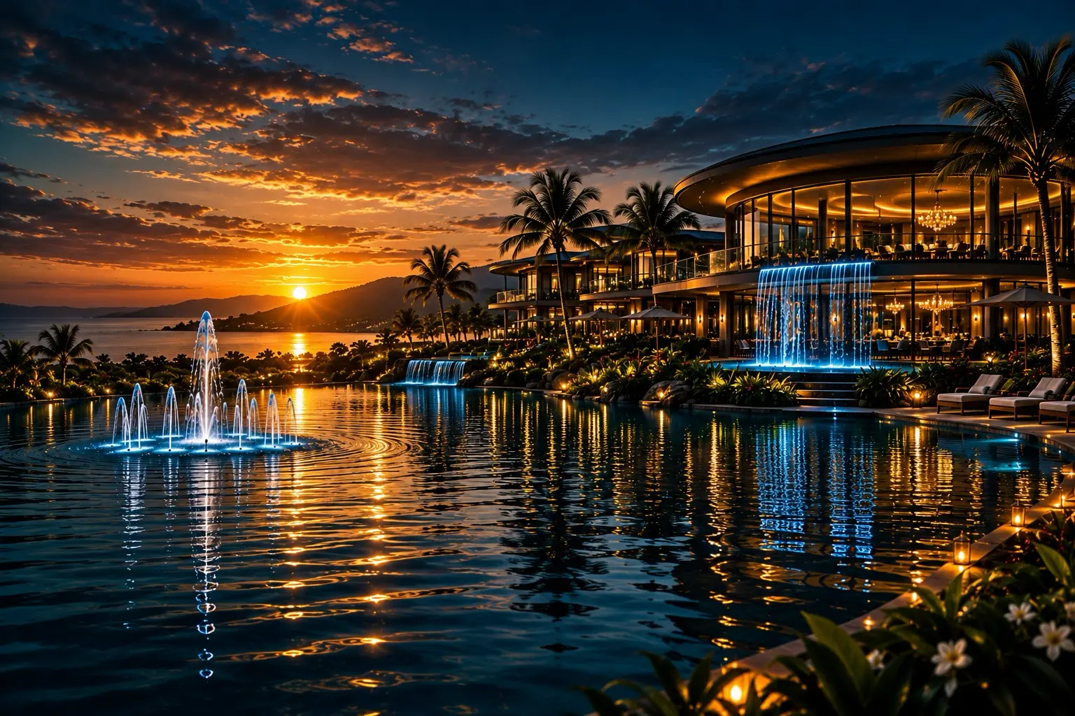 Resort ecológico IMPERIUM ao entardecer sobre lago turquesa